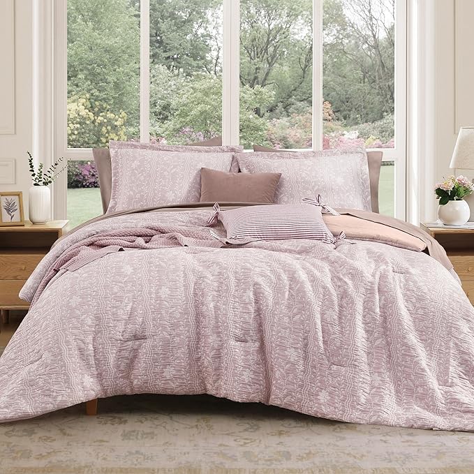 Full Comforter Set -7 Pieces Floral Pink Comforter Set for All Seasons, Bed in a Bag Full with Botanical Flowers Comforter, Sheets, Pillowcases & Shams