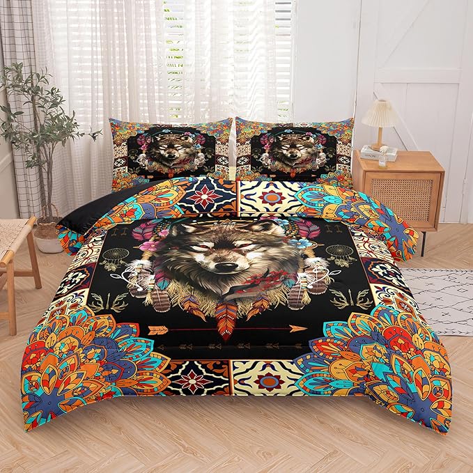 Tailor Shop Wolf Bedding Set for Boys Kids Bohemian Comforter Sets Queen Size Wildlife Hunting Wolf Bed Set with 2 Pillowcases…