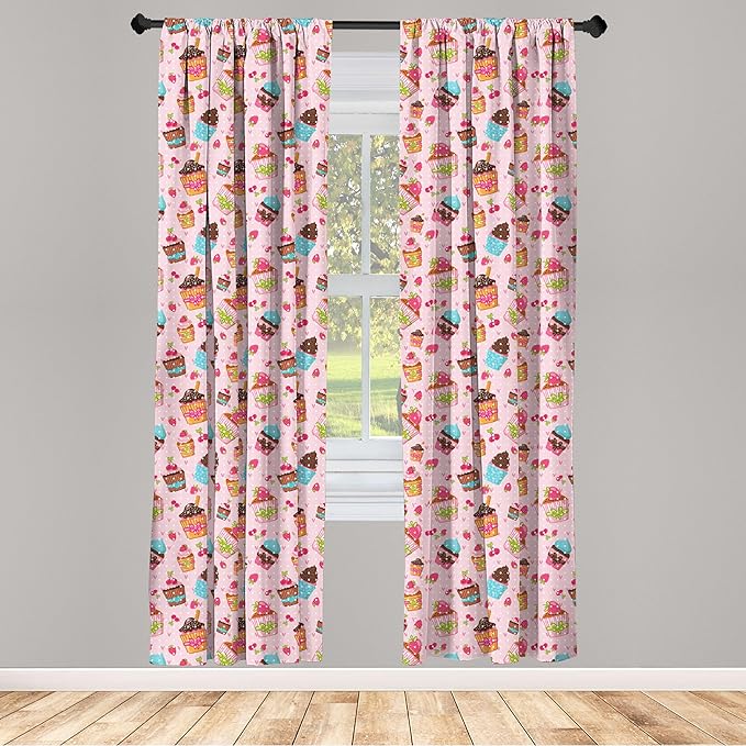 Ambesonne Pink Window Curtains, Kitchen Cupcakes Muffins Strawberries and Cherries Food Eating Sweets Print, Lightweight Decor 2-Panel Set with Rod Pocket, Pair of - 28" x 84", Brown Pink