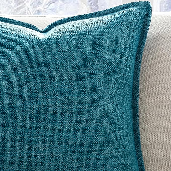 Meekio Set of 2 Teal Pillow Covers 16x16, Linen Look Throw Pillow Covers with Flange Edge for Sofa Couch Living Décor