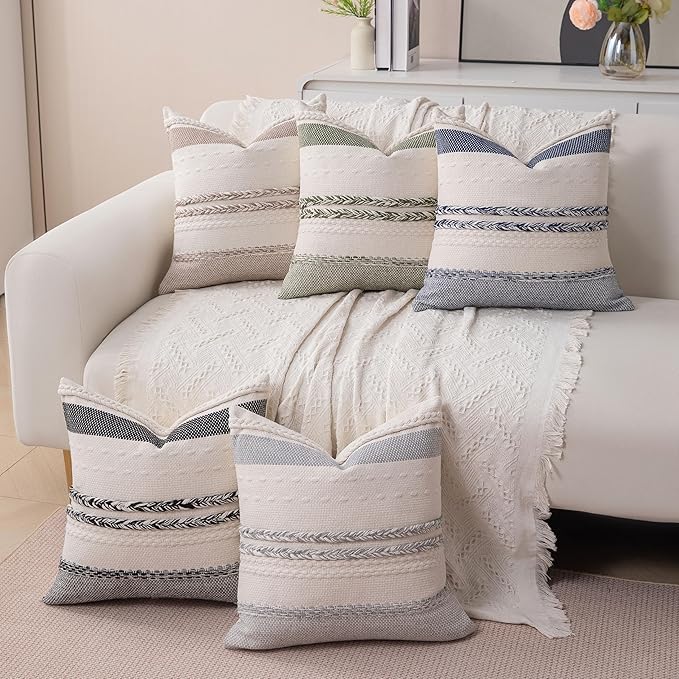 Boho Black Pillow Covers Pack of 2-18x18 Inch Decorative Farmhouse Accent Striped Boho Throw Pillows Neutral Coastal Textured Square Pillowcases for Couch Living Room Bed Sofa, Home Decor