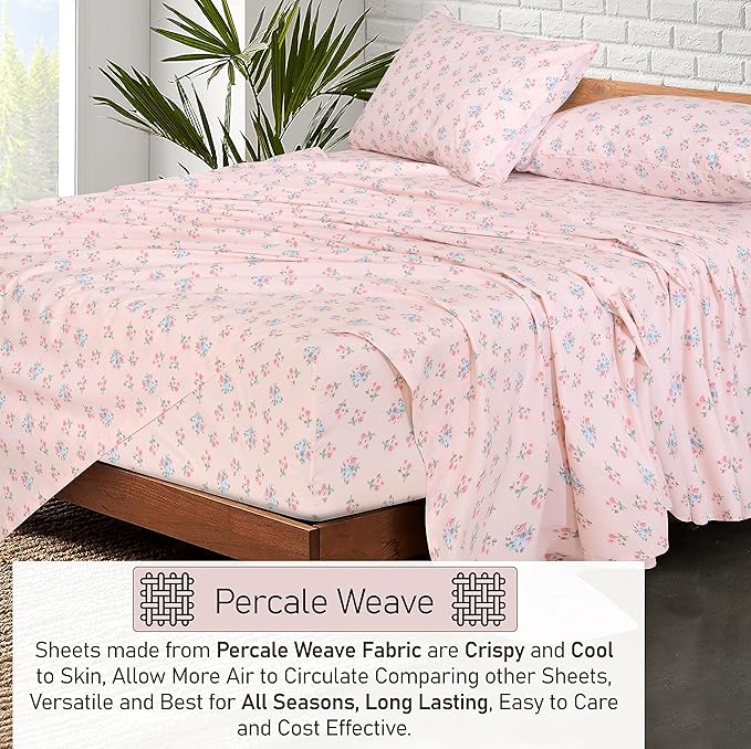 RUVANTI 100% Cotton Twin XL Sheet Sets, 3 Pieces, Soft & Breathable Percale Weave Bedding, Deep Pocket 16", Hotel Standard, Crisp Cool Feel, Durable, Perfect Size Floral Sheets, Spring On