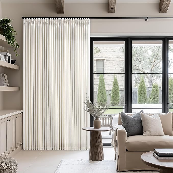 Pinch Pleat 102 Inch Long Curtains Linen Curtains for Living Room Bedroom Light Filtering Privacy Neutral 102 Inch Pleated Drapes Hooks Rings Back Tab for Window Sliding Door Natural Cream 1 Panel