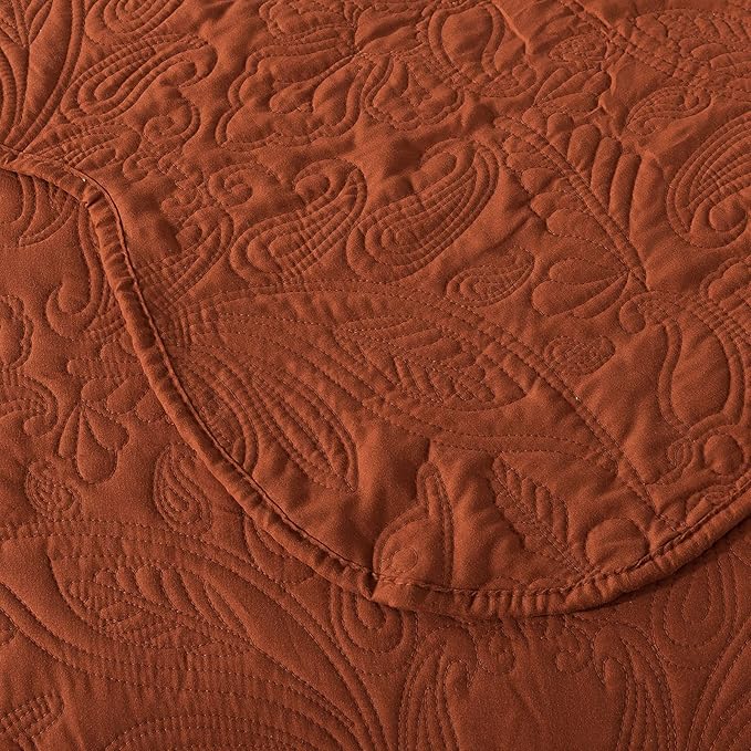 HoneiLife Embroidered Quilt King Size - 3 Pieces Microfiber Quilt Sets Lightweight Bedspreads Reversible Coverlets Retro Bed Cover Paisley Pattern Bedding Set All Season Quilts-Rust