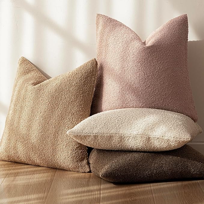 Foindtower Decorative Textured Boucle Throw Pillow Covers Accent Solid Pillow Cases Neutral Soft Cozy Couch Cushion Case for Chair Sofa Bedroom Living Room Home Decor 26x26 Inch,1PC,Light Pink