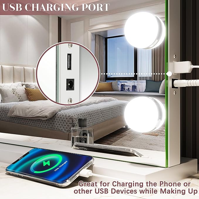 32"x24" Hollywood Vanity Mirror with Lights, 18 Dimmable LED Bulbs, 3 Color Modes, 10X Magnification, USB Charging Port, Tabletop or Wall-Mounted