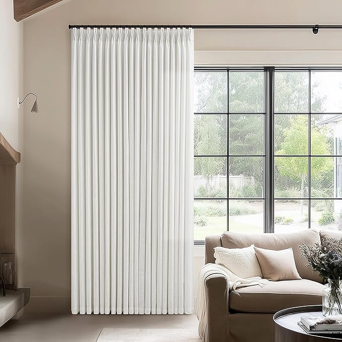 70x96 Pinch Pleated Extra Wide Curtain Panels 96 Inches Long 70 Wide Linen Curtain for Patio Sliding Glass Door Semi Sheer Beige White Hooks Rings Privacy 96 Inch Length for Living Room 1 Panel