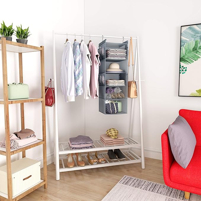 MAX Houser 5 Shelf Hanging Closet Organizer,Space Saver, Closet Hanging Shelves with (4) Side Pockets,Foldable,Light Grey