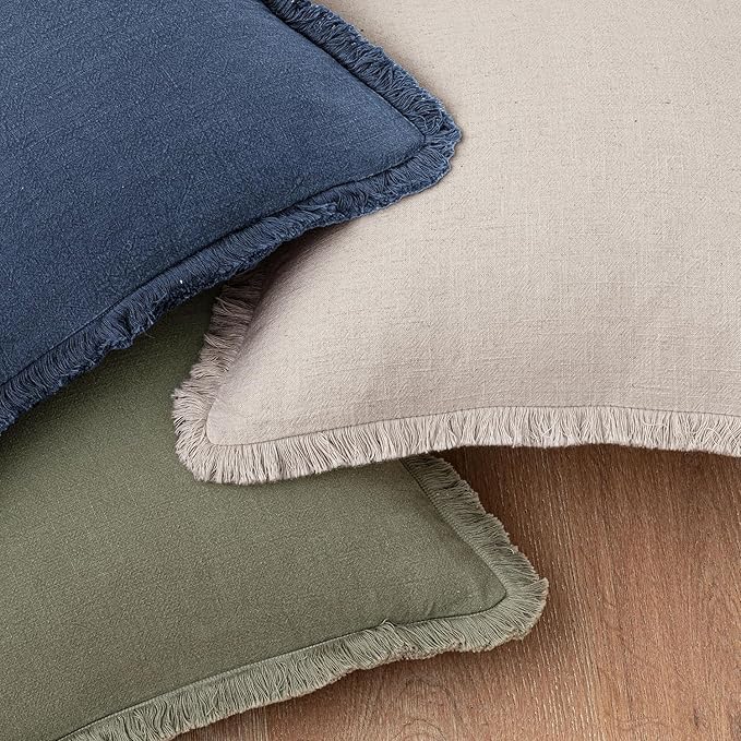 Woaboy Decorative Linen Fringe Throw Pillow Covers Boho Farmhouse Soft Euro Cushion Covers Accent Pillowcases with Tassels for Living Room Couch Sofa Bed Chair,26x26 Inch Set of 2,Blue