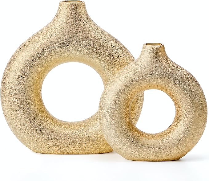 Set of 2 Donut Hollow Ceramic Vase Handmade Minimalist Boho ins Style, Modern Vase for Home Decor for Wedding Dinner Table Party Living Room Office Bedroom (Gold, Large + Small)