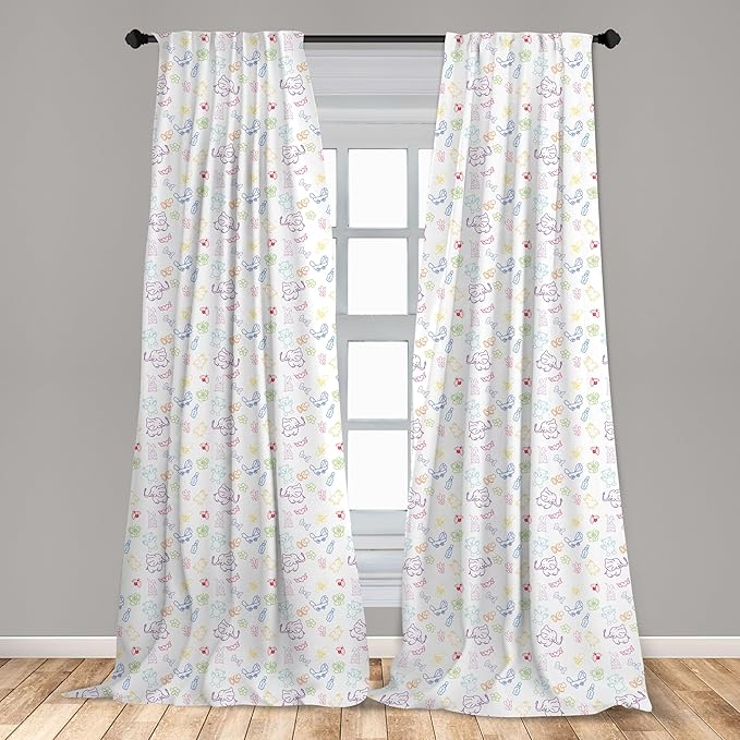 Ambesonne Cartoon Curtains, Drawing Style Elephants Teddy Bears Flowers Butterflies Bees Pattern, Window Treatments 2 Panel Set for Living Room Bedroom, Pair of - 28" x 84", Blue White