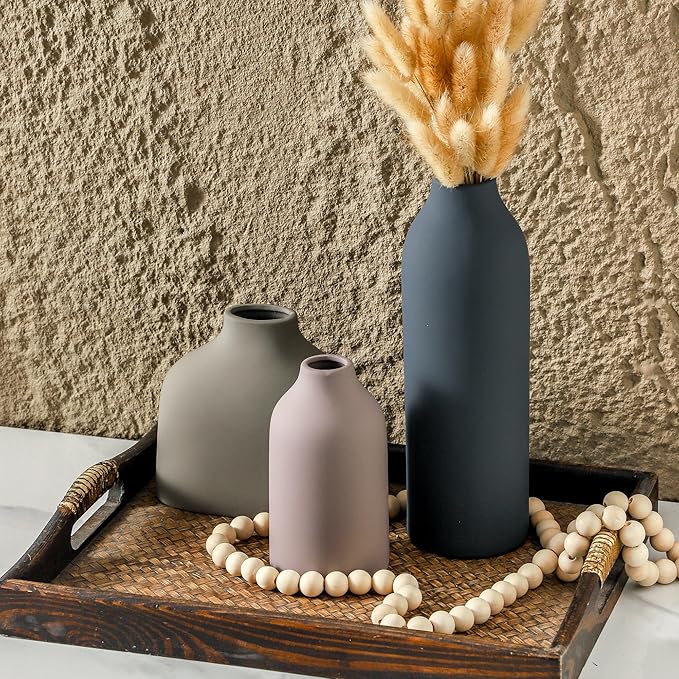 Ceramic Vase Set of 3,Flower Vase Home Decor,Modern Farmhouse Decor, Pampas Grass Dried Fresh Flowers,Bedroom,Living Room,Bookshelf Decoration, Centerpiece Table Boho Decor.