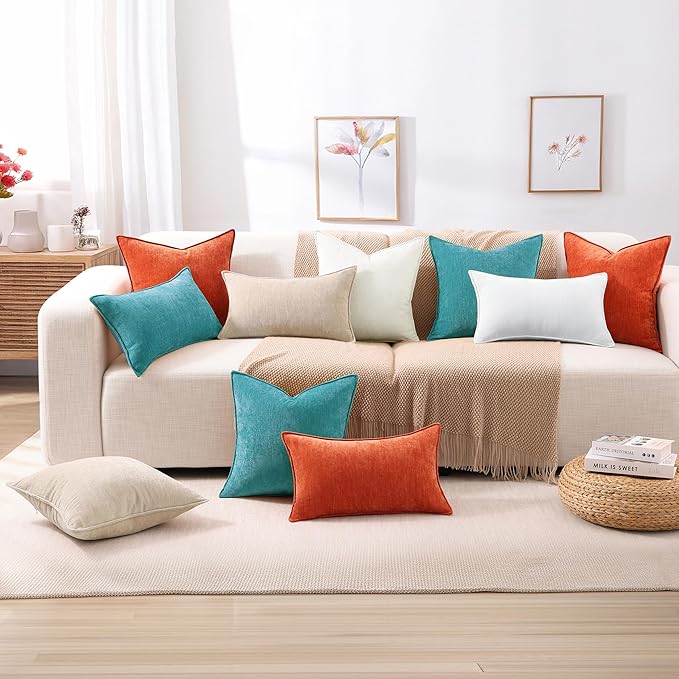 decorUhome Couch Throw Pillow Covers 16x16 Set of 2, Decorative Soft Euro Neutral Chenille Pillow Covers with Elegant Design for Sofa Bed Living Room Home Decor, Teal