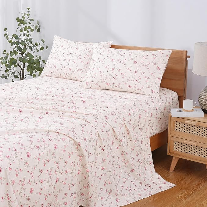 Modern Threads 4-Piece Ultra Soft Microfiber Bed Sheets Set, Wrinkle Free Sheets with Deep Pockets Fitted Sheet, Flat Sheet & Pillowcases, Lightweight Breathable Bedding, Floral Rose, Queen