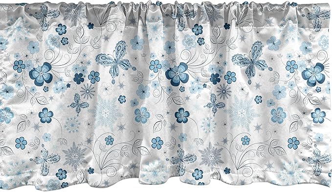 Lunarable Flower Window Valance, Snowflakes Flowers and Butterflies Christmas Snowy Wintertime Stylization, Curtain Valance for Kitchen Bedroom Decor with Rod Pocket, 54" X 12", White and Black