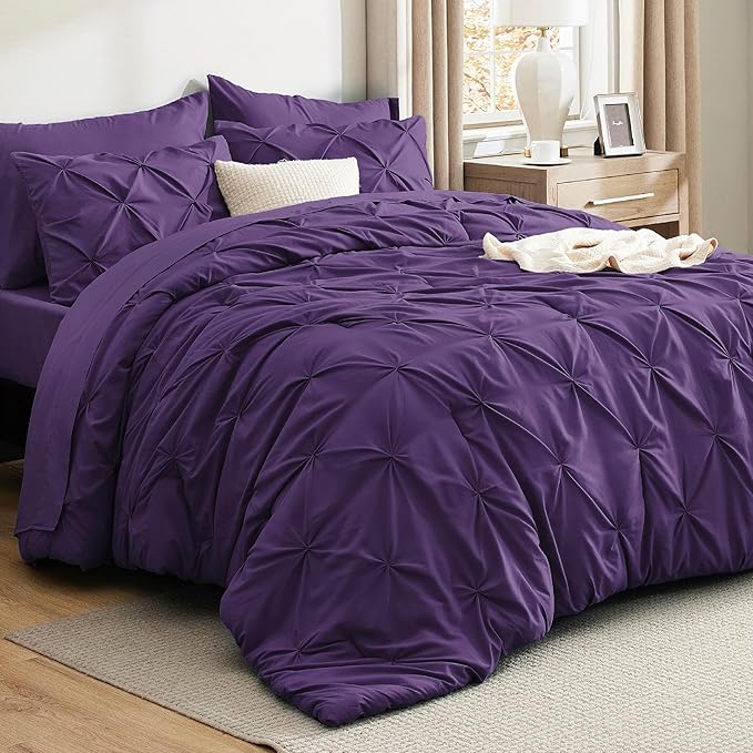 Bedsure King Size Comforter Set Purple - Bed in a Bag Bedding Set 7 Pieces, GentleSoft™ Pintuck Bed Set Gift for Family, Pinch Pleat Purple Comforter with Sheets, Pillowcases & Shams