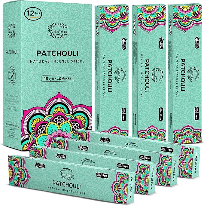 Raajsee Patchouli Incense Sticks (180 gm), 100% Pure Organic Natural Hand Rolled Free from Chemicals - Patchouli Incense Perfect for Aromatherapy, Cleansing, Meditation, and Church(Pack of 12)