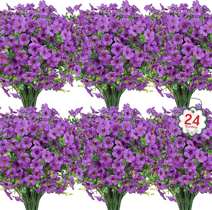 Ouddy Decor 24 Bundles Artificial Flowers for Outdoors Fake Silk Flowers UV Resistant Faux Plastic Plants for Spring Summer Garden Porch Window Box Table Vase Home Indoor Outdoor Decoration, Purple