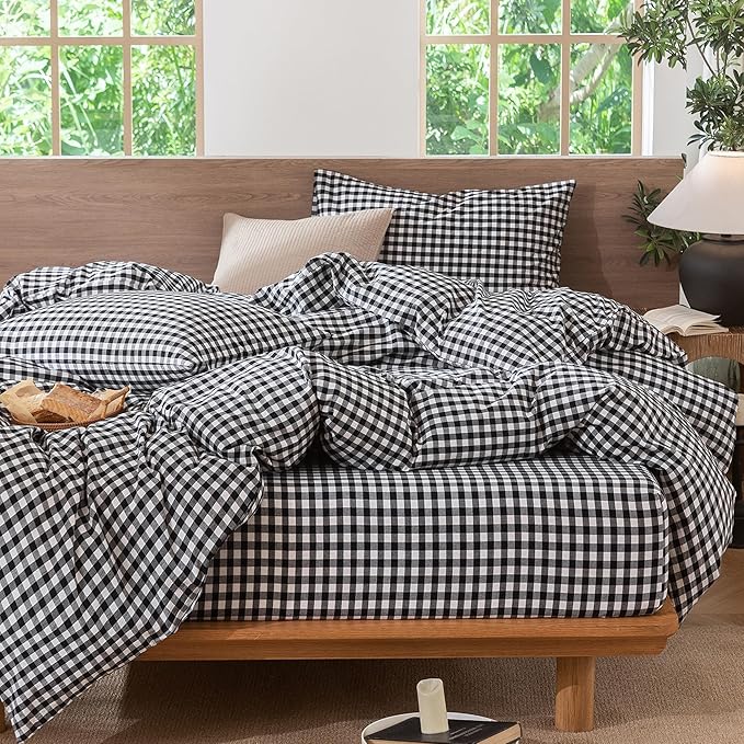 MooMee Gingham Duvet Cover Set 100% Washed Cotton Linen Like Textured Breathable Durable Soft Comfy Modern Checkered Design (Black White Gingham, King 104"x90")
