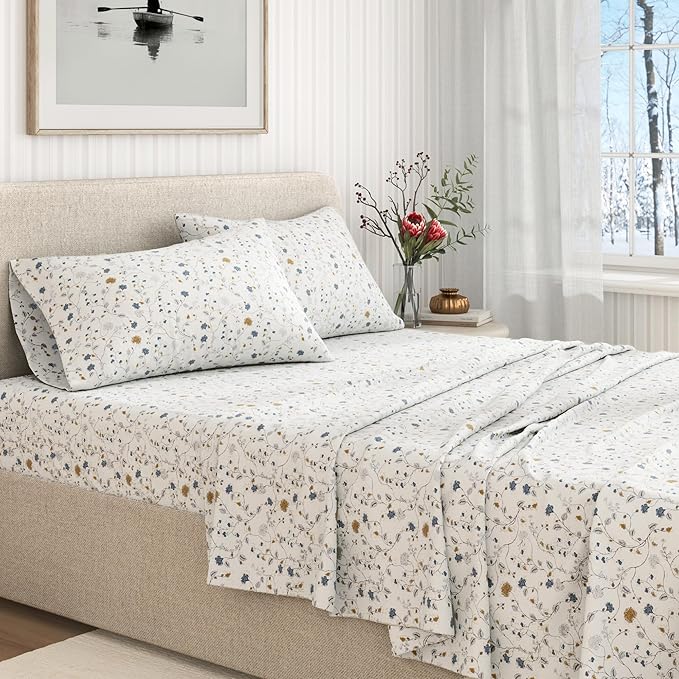 Great Bay Home Flannel Sheet Set California King Size - 100% Turkish Cotton, Double-Brushed, Winter Floral Bed Sheets - Ultra-Soft, Cozy, 4-Piece Bedding Set (Quiet Garden)
