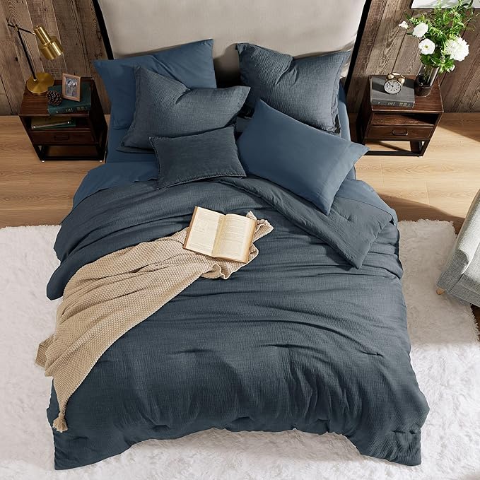 Geniospin King Size Comforter Set- 7 Piece Navy Blue Textured King Bedding Set, Soft Solid Bed in a Bag for All Season, King Comforter Set with Sheets(Navy Blue,102''x90'')