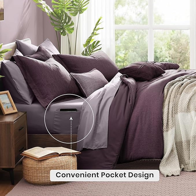 Monbix California King Comforter Set - 7 Pieces Cationic Dyeing Italian Plum Bed in a Bag Cal King Bed Sets with Comforter, Sheets, Pillowcases & Shams, Reversible Bedding Comforters Sets (108 * 92)