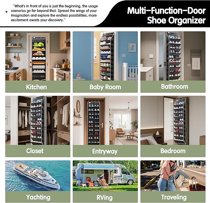 10 Tier Over The Door Organizer - Heavy Duty Hanging Storage Rack with Sturdy Oxford Fabric, Holds 20+ Pairs of Footwear, Boots & Sneakers, Saves 50% Closet Space (Black)