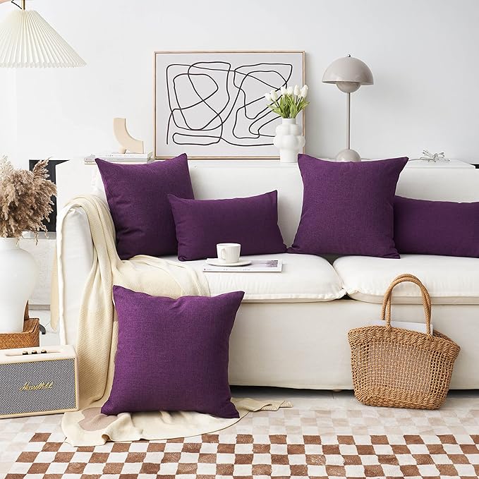 Home Brilliant Euro Sham Eggplant Pillow Covers Decorative Dark Purple Faux Linen Cushion Covers for Patio Garden Sofa Bench Couch, 24x24 inch, 60cm, Purple