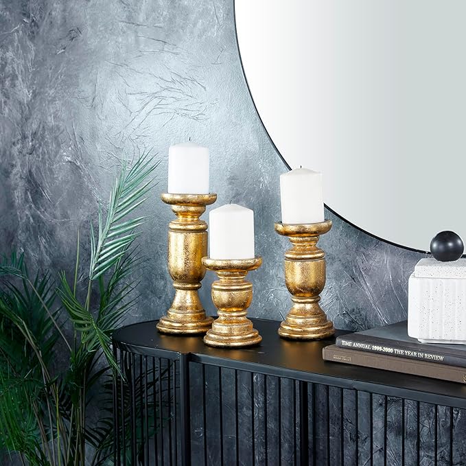 Deco 79 Mango Wood Decorative Candle Holder Turned Style Pillar Candle Stand, Set of 3 Candlestick Holder 10", 8", 6"H, Gold