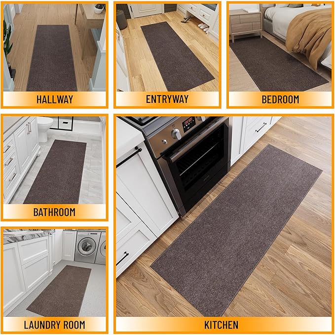 Ottomanson 2' x 8' Ultra-Thin Hallway Runner Rug - Durable Non-Slip Carpet for High-Traffic Areas - Fits Under Doors for Seamless Entry - Ideal for Kitchen, Entryway, Bedroom & Living Room, Brown