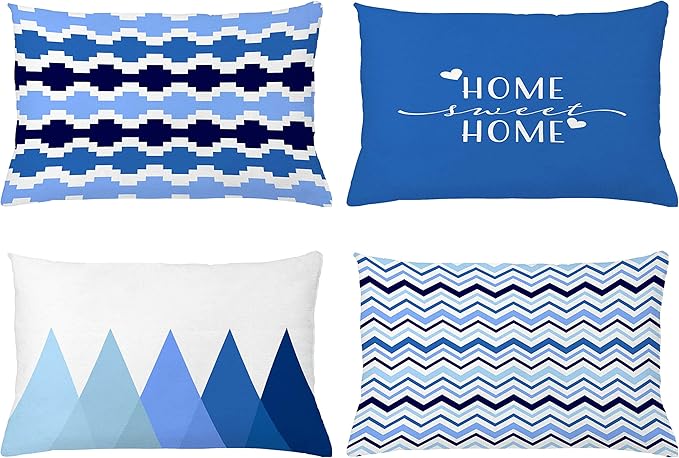 Ambesonne Modern Throw Pillow Cushion Case Pack of 4, Geometric Style Pattern of Triangles Zigzags Love Home Phrase Print, Modern Accent Double-Sided Printing, 20" x 12", Azure Blue Indigo and White