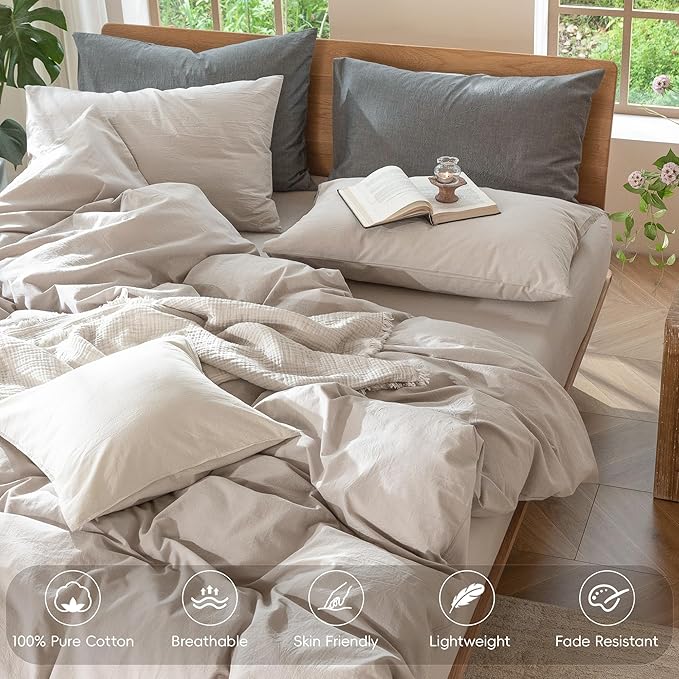 MooMee Bedding Duvet Cover Set 100% Washed Cotton Linen Like Textured Breathable Durable Soft Comfy (Solid Light Tan, Queen 90"x90")