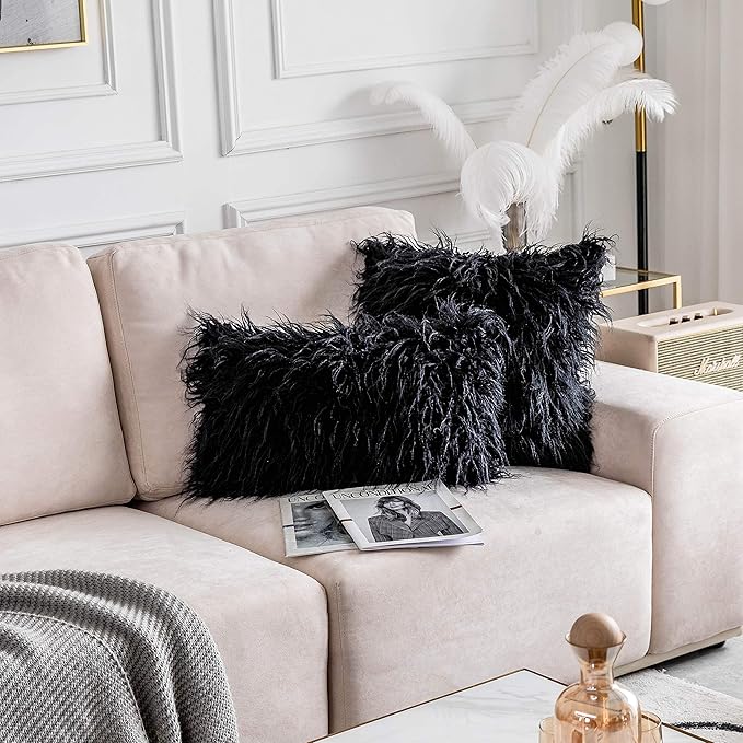 Home Brilliant Faux Fur Pillow Cover for Living Room Black Fall Throw Pillow Case Fuzzy Pillows Cushion Covers, 18 x 18 Inch, 45cm, Black