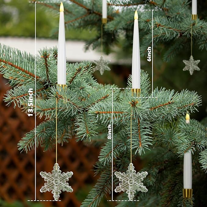 Flameless Taper Candles for Christmas Tree Decorations, Battery Operated Christmas Candles with Remote, 12 Pack Flickering LED Candlesticks with Clear Snowflake Hooks for Xmas Tree Decoration