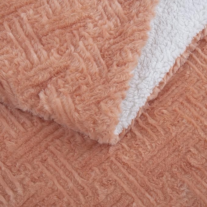 DaDa Bedding Coral Pastel Peach Rose Faux Fur Throw Blanket - Dreamy Geometric Embossed Sherpa Backside - Super Soft Warm Cozy Plush Fluffy - 90" x 90"