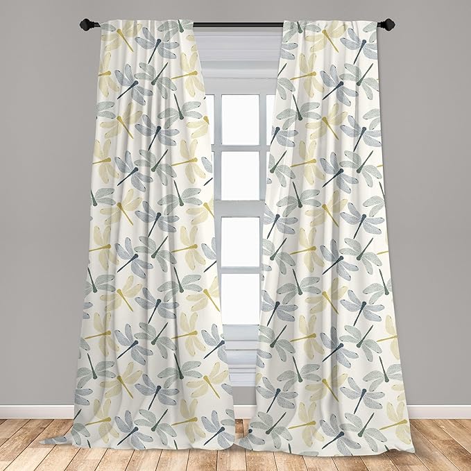 Ambesonne Dragonfly Window Curtains Pack of 2, Colorful Silhouettes of Exotic Insects Open Wings Beauty of Nature, Lightweight Set with Rod Pocket, 4 Panels of - 28" x 84", Green Mustard