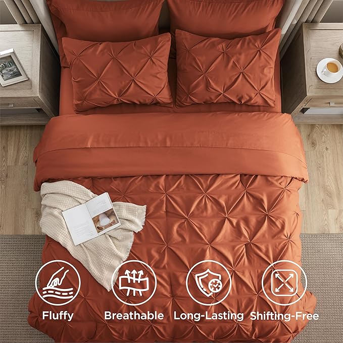 Bedsure Queen Comforter Set Burnt Orange - Bed in a Bag Queen Size Bedding 7 Pieces, GentleSoft™ Pintuck Bed Set Gift for Family, Pinch Pleat Burnt Orange Comforter with Sheets, Pillowcases & Shams