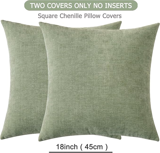 GAWAMAY Decorative Square Sage Green Throw Pillow Covers 18"x18" Inch Set of 2, Super Soft Chenille Pillows Farmhouse Fall Pillowcase for Living Room Bedroom Sofa Couch Cushion Cover 45x45cm