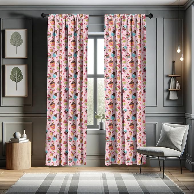 Ambesonne Pink Window Curtains, Kitchen Cupcakes Muffins Strawberries and Cherries Food Eating Sweets Print, Lightweight Decor 2-Panel Set with Rod Pocket, Pair of - 28" x 84", Brown Pink