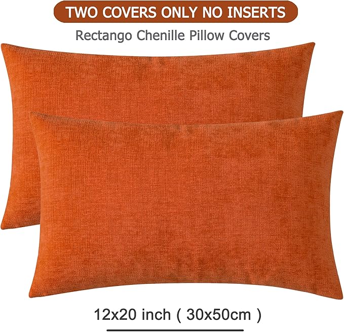 GAWAMAY Lumbar Pillow Decorative Rectangle Throw Pillow Covers 12"x20" Inch Set of 2, Super Soft Chenille Pillowcase for Living Room Bedroom Sofa Couch Cushion Cover Burnt Orange 30x50cm (ONLY COVERS)