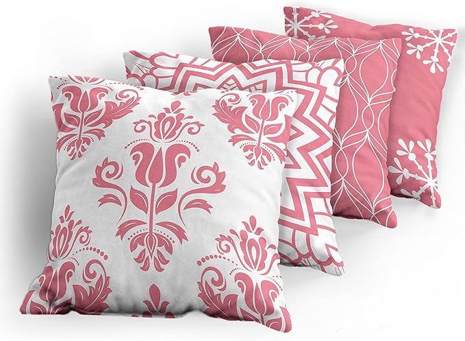 Ambesonne Retro Throw Pillow Cushion Case Pack of 4, Trellis Grid Medieval Floral Damask Mandala Flower Ornament in Modern Monochrome, Modern Accent Double-Sided Digital Printing, 16", Pastel Pink
