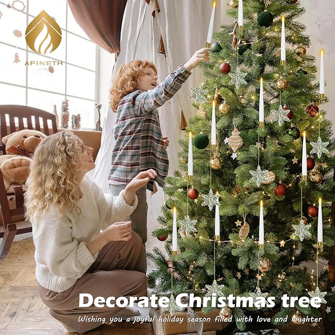 Flameless Taper Candles for Christmas Tree Decorations, Battery Operated Christmas Candles with Remote, 12 Pack Flickering LED Candlesticks with Clear Snowflake Hooks for Xmas Tree Decoration