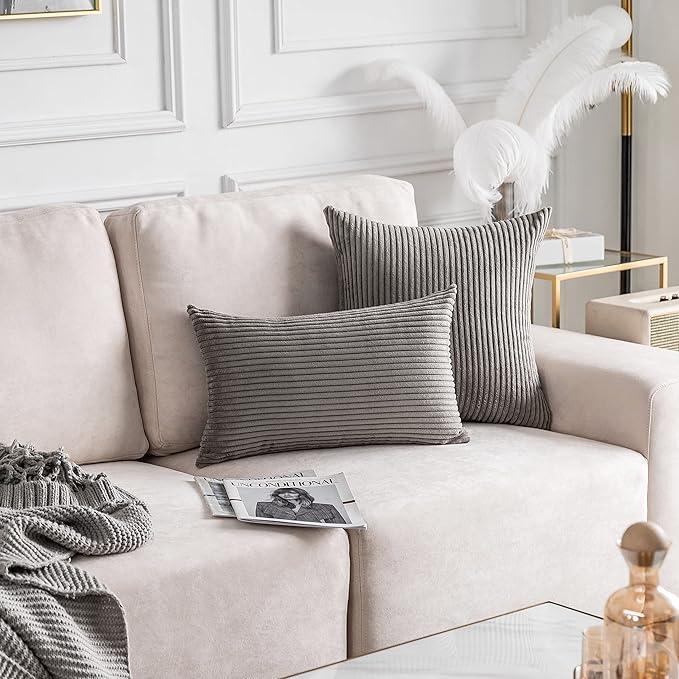 Home Brilliant Square Throw Pillow Cover 24x24 Solid Striped Corduroy Pllowcase Super Soft Plush Velvet Cushion Cover for Chair Couch Patio Furniture, 24 x 24 inch (60cm), Ash Grey