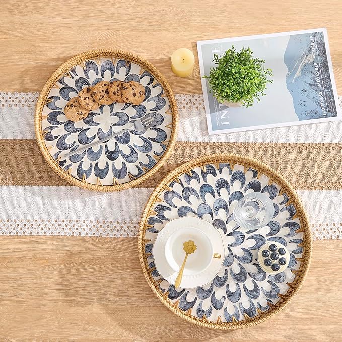 Round Rattan Tray with Mother of Pearl Inlay, Rattan Serving Tray with Wooden Base, Decorative Wicker Basket for Table Decor, Storage and Display of Coffee Bread Food Fruit (Plume 13.5")