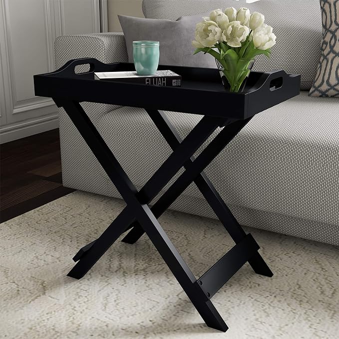 Folding TV Tray Table - Contemporary Side Table with Removable Tray Top for Food Serving, Decor, or Meals - Portable End Furniture for Living Room, Bedroom, or Home Office by Lavish Home (Black)