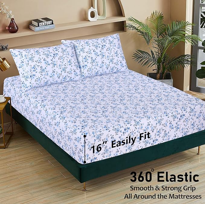 RUVANTI 100% Cotton Twin Sheets Set, 3 Pieces, Soft & Breathable Percale Weave Bedding, Deep Pocket 16", Hotel Standard, Crisp Cool Feel, Durable, Perfect Floral Bed Sheet, Annual