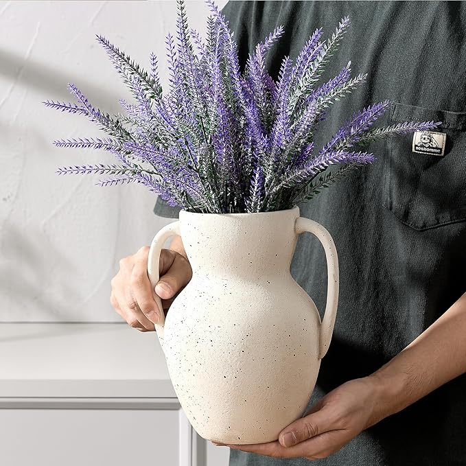 White Ceramic Rustic Vase with 2 Handles, Farmhouse Round Flower Vase, Vintage Terracotta Vases for Home Decor, Wedding, Living Room, Table, Shelf Decor - 8.6 Inch Tall, Speckled White
