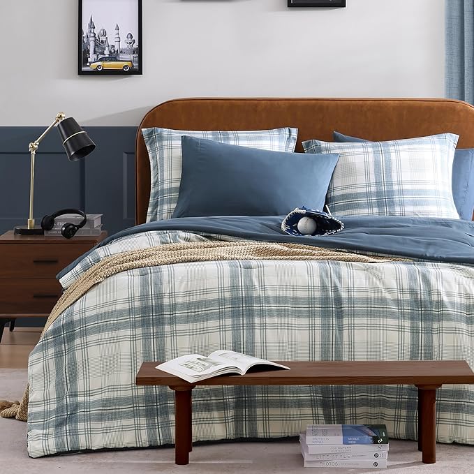 Plaid Queen Comforter Set, Blue Grey Bedding Set 7 Piece for Boys Girls Teen, Classic Homestead-Style Kids Comforter Set Bed in A Bag with Sheets, Pillowcases & Shams
