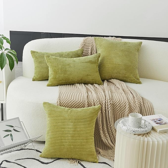 Home Brilliant Green Throw Pillow Cover Decoration Solid Striped Corduroy Plush Velvet Decorative Pillow Case Accent Spring Pillow Cover for Couch Decor, 18x18 inch (45cm), Grass Green
