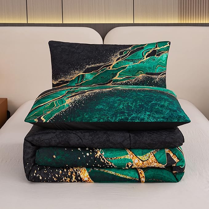Tailor Shop Marble Green Comforter Set Queen Size for Women Adults Black Green and Gold Marble Bedding Sets Printed with 1 Comforter 2 Pillowcases